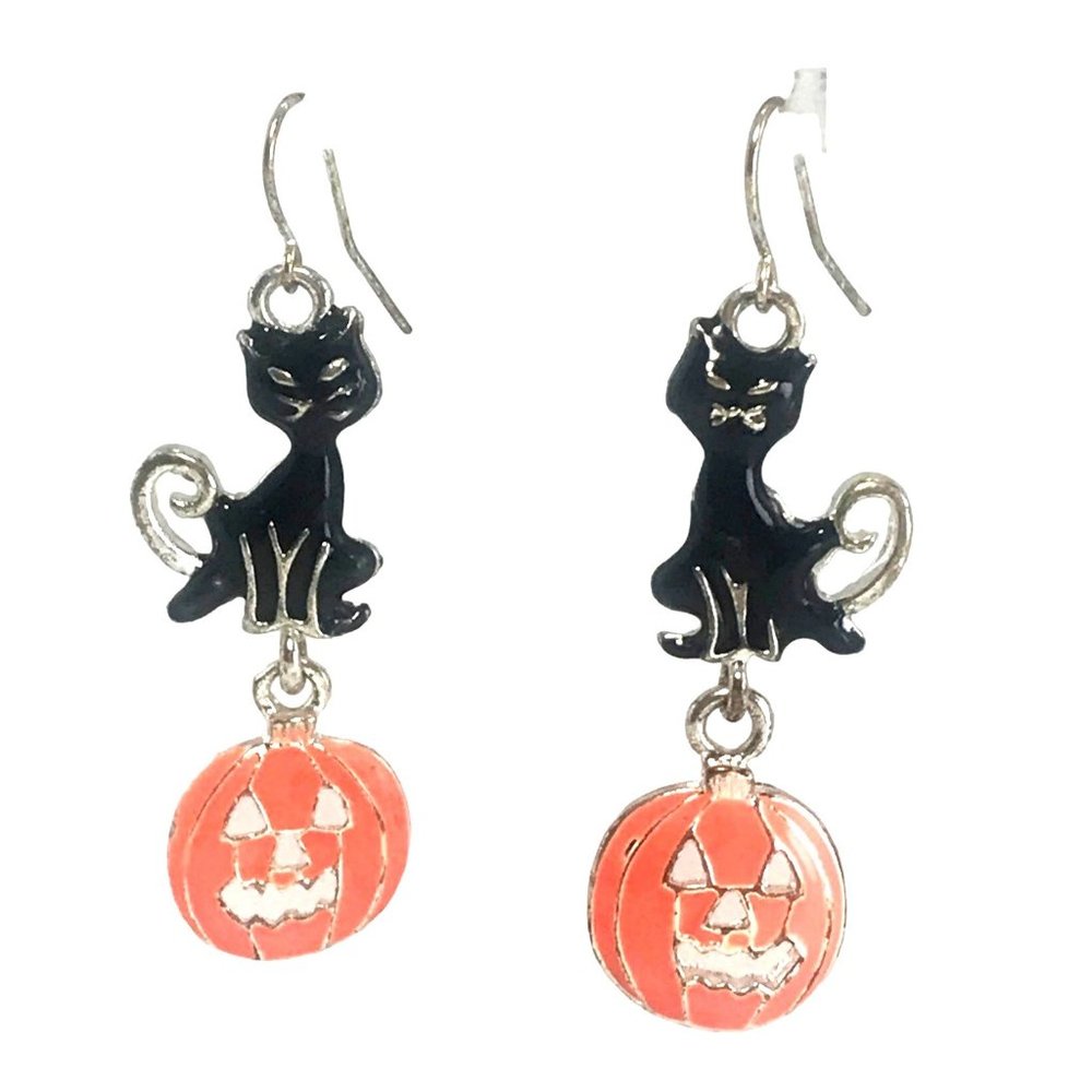 Cloisonne Enamel Black Cat Pumpkin Halloween Earrings Black Orange Silver Tone